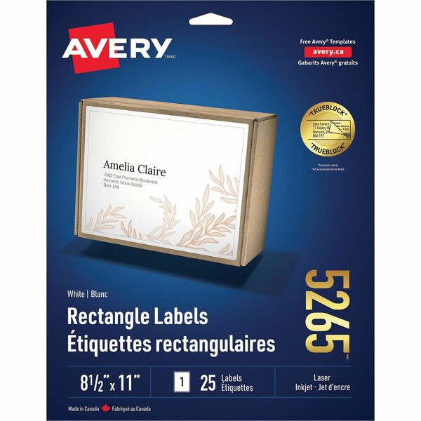 Avery&reg; White Rectangle Labels TrueBlock&reg;, 8½" x 11" , Permanent Adhesive, for Laser and Inkjet Printers - 8 1/2" Height x 11" Width - Permanent Adhesive - Laser - Bright White - Paper - 1 / Sheet - 25 Total Sheets - 25 Total Label(s) - 25 / Pack