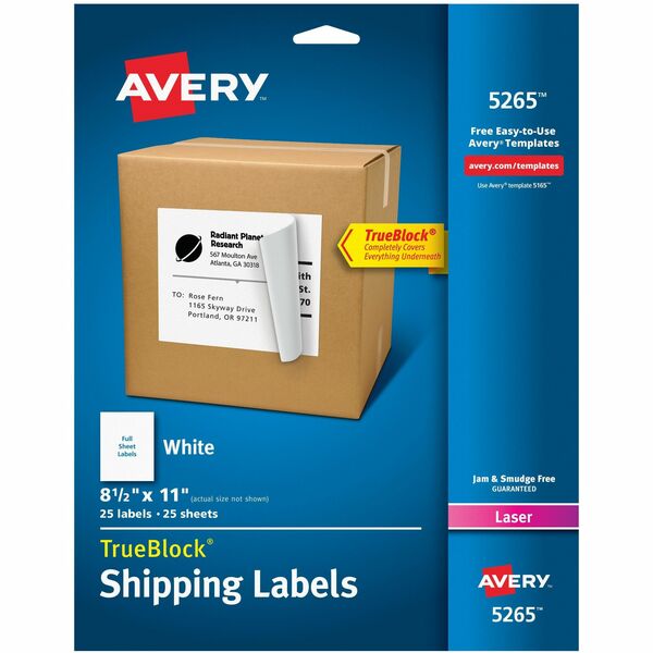 Avery&reg; White Rectangle LabelsTrueBlock&reg;, 8-1/2" x 11" , Permanent Adhesive, for Laser and Inkjet Printers - 8 1/2" (215.90 mm) Height x 11" (279.40 mm) Width - Full Sheet - Permanent Adhesive - Laser - Matte - White - Paper - Permanent Adhesive, J
