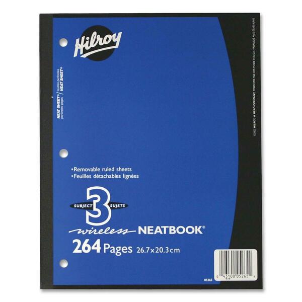 Hilroy Neatbooks Three Subject Notebook - 264 Sheets - 0.28" (7 mm) Ruled - Ruled Margin - 8" (203.20 mm) x 10 1/2" (266.70 mm) Sheet Size - Assorted Paper - Perforated, Removable, Hole-punched - 1 Each