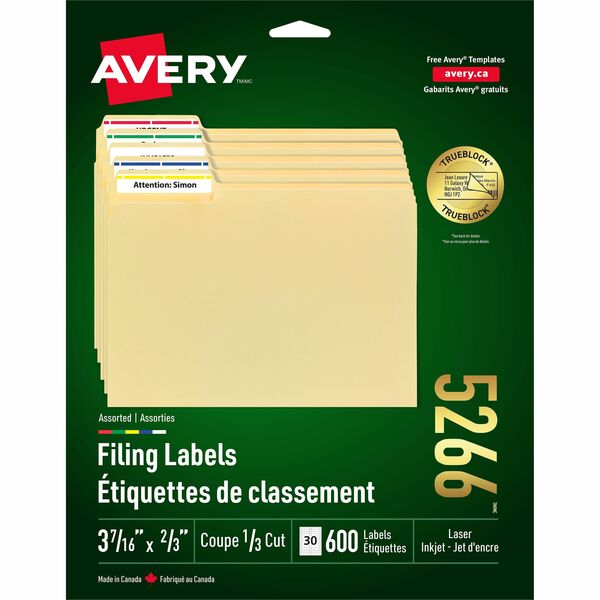 Avery&reg; Filing Labelswith TrueBlock&trade; Technology for Laser and Inkjet Printers, 2/3" x 3-7/16" , Assorted Colours, 600/pk - 2/3" (16.92 mm) Height x 3 7/16" (87.31 mm) Width - Permanent Adhesive - Rectangle - Laser, Inkjet - Assorted, Blue, Red, Y