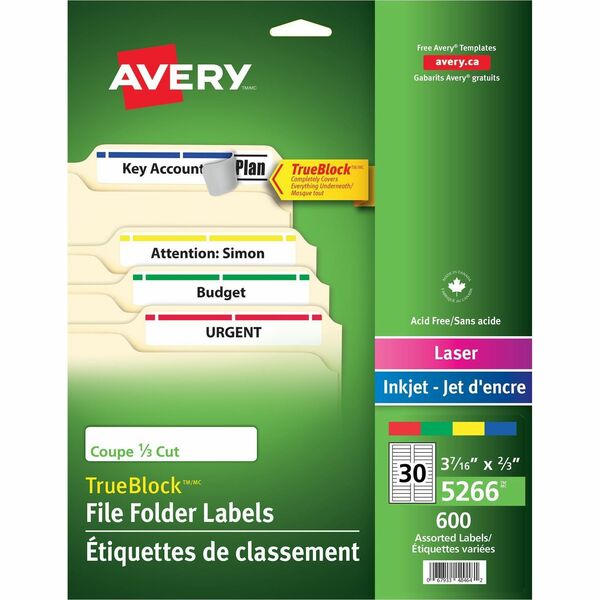 Avery&reg; Filing Labels with TrueBlock&trade; Technology for Laser and Inkjet Printers, ?" x 3-7/16" , Assorted Colours, 600/pk - 2/3" Height x 3 7/16" Width - Permanent Adhesive - Rectangle - Laser, Inkjet - Assorted, Blue, Red, Yellow, Green, White - P