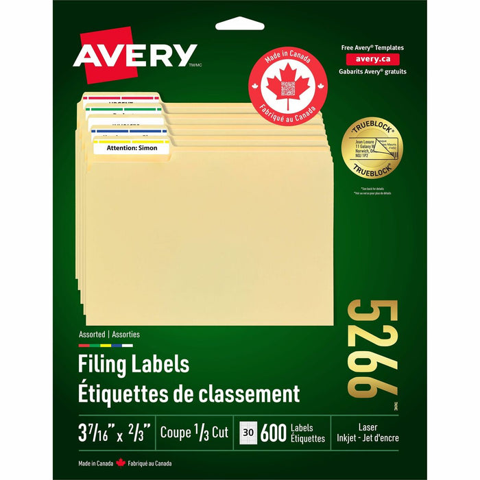 Assorted Filing Labels with TrueBlock™ Technology for Laser and Inkjet Printers, 2/3" x 3-7/16" - Permanent Adhesive - Laser, Inkjet - Assorted - 30 / Sheet - 600 / Pack