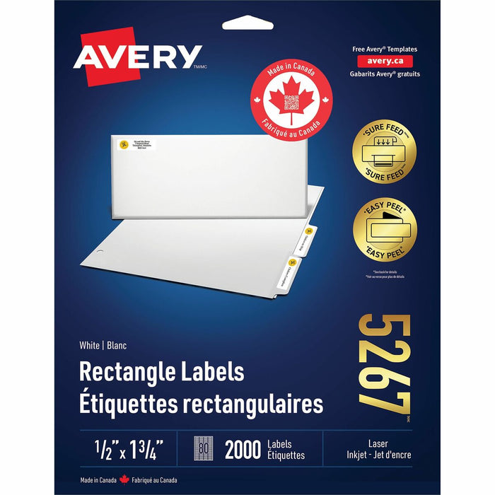 White Rectangle Labels with Sure Feed™ Technology Easy Peel&reg;, 1-3/4" x 1/2, Permanent Adhesive, for Laser and Inkjet Printers - 1/2" (12.70 mm) Height x 1 3/4" (44.45 mm) Width - Permanent Adhesive - Rectangle - Laser, Inkjet - Matte White - Pap