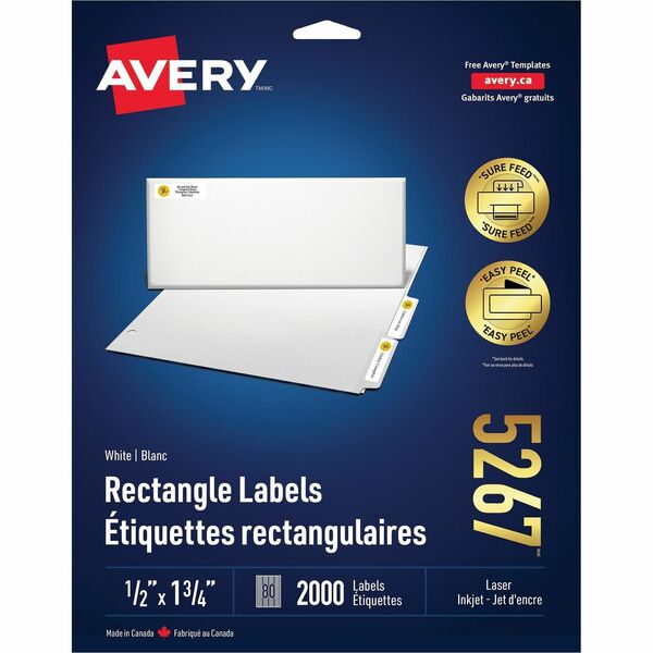 Avery&reg; White Rectangle Labels with Sure Feed&trade; Technology,Easy Peel&reg;, ½" x 1¾" , for Laser and Inkjet Printers - 1/2" Height x 1 3/4" Width - Permanent Adhesive - Rectangle - Laser - White - Paper - 80 / Sheet - 25 Total Sheets - 2000 Total L