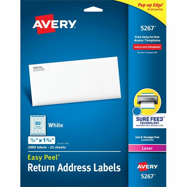 Avery&reg; White Rectangle Labels with Sure Feed&trade; Technology,Easy Peel&reg;, 1/2" x 1-3/4" , for Laser and Inkjet Printers - 1/2" (12.70 mm) Height x 1 3/4" (44.45 mm) Width - Permanent Adhesive - Rectangle - Laser - Matte - White - Paper - Permanen