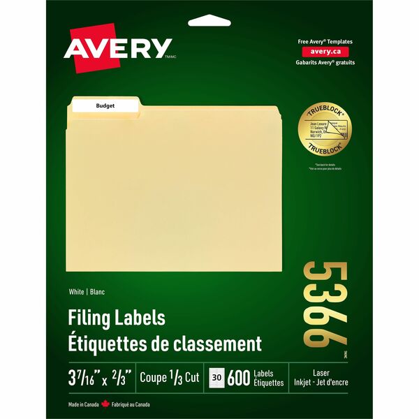 Avery&reg; Filing Labelswith TrueBlock&trade; Technology for Laser and Inkjet Printers, 3-7/16" x 2/3" , White - 2/3" (16.92 mm) Height x 3 7/16" (87.30 mm) Width - Permanent Adhesive - Rectangle - Laser, Inkjet - White - Paper - 30 / Sheet - 600 Total La