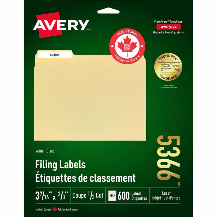 White Filing Labels with TrueBlock™ Technology for Laser and Inkjet Printers, 3-7/16" x 2/3" - Permanent Adhesive - Laser, Inkjet - White - 30 / Sheet - 600 / Pack