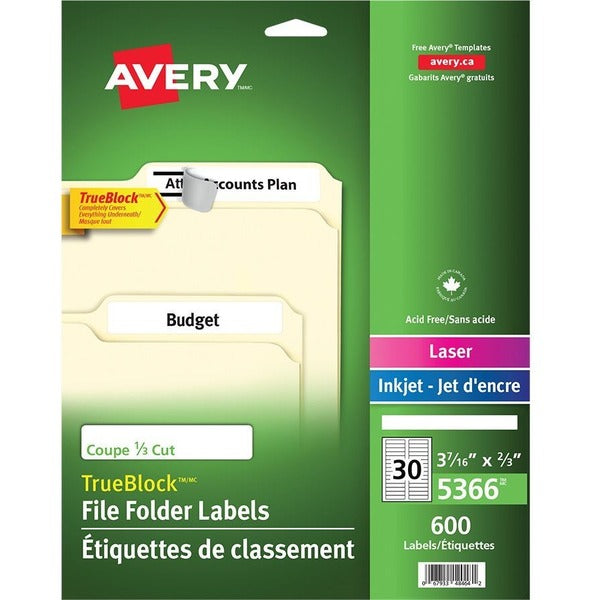 Avery&reg; Filing Labels with TrueBlock&trade; Technology for Laser and Inkjet Printers, 3-7/16" x ?" , White - 2/3" Height x 3 7/16" Width - Permanent Adhesive - Rectangle - Laser, Inkjet - White - Paper - 30 / Sheet - 600 Total Label(s) - 600 / Pack