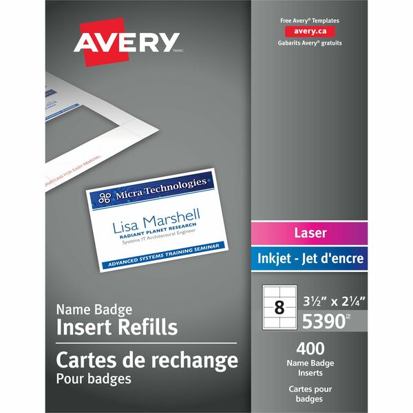 Avery&reg; Name Badge Insertsfor Laser and Inkjet Printers, 2-1/4 x 3-1/2 - 2 1/4" (57.15 mm) Height x 3 1/2" (88.90 mm) Width - Laser, Inkjet - White - Card Stock - 400 / Box