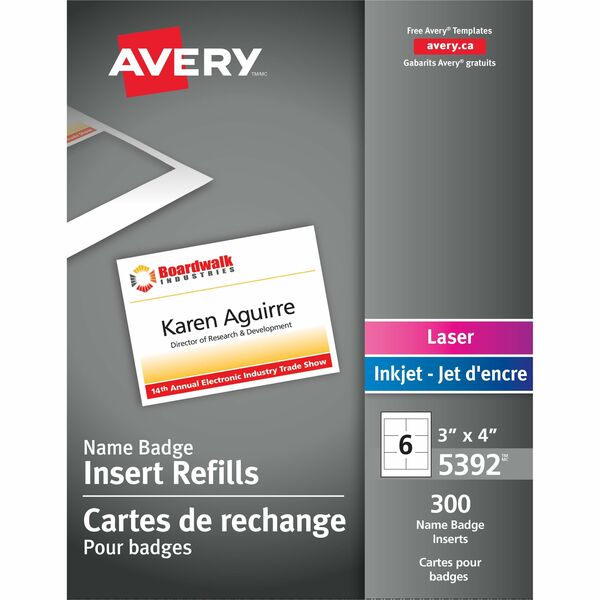 Avery&reg; Name Badge Insertsfor Laser and Inkjet Printers, 3" x 4" - 3" (76.20 mm) Height x 4" (101.60 mm) Width - Laser, Inkjet - White - Card Stock - 300 / Box