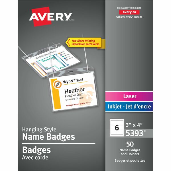Avery&reg; Hanging Name Badge kitfor Laser and Inkjet Printers, 3" x 4" - 50 / Box