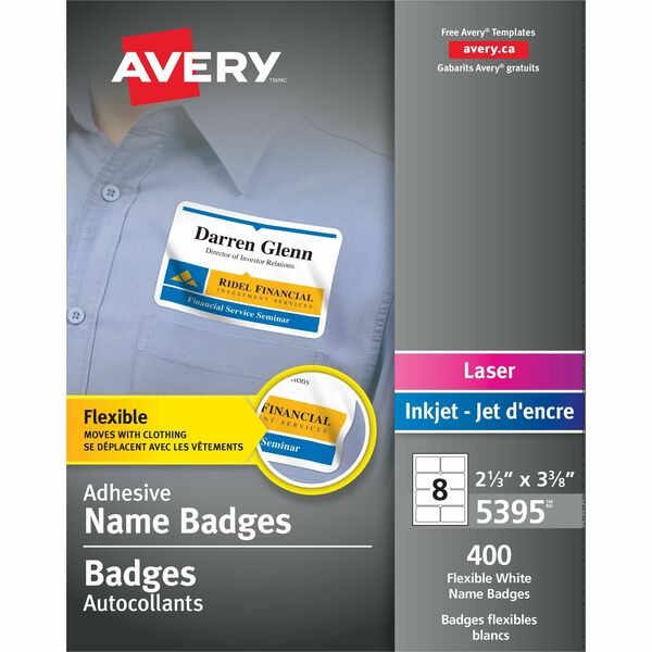 Avery&reg; Flexible Name Badgesfor Laser and Inkjet Printers, 3-3/8" x 2-1/3" , White - 2 1/3" (59.26 mm) Height x 3 3/8" (85.73 mm) Width - Removable Adhesive - Rectangle - Laser, Inkjet - Matte - White - Film - 8 / Sheet - 50 Total Sheets - 400 Total La
