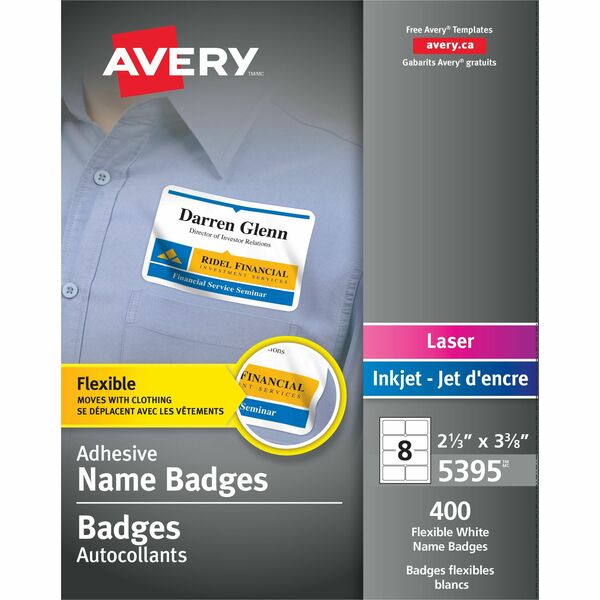 Avery&reg; Flexible Name Badgesfor Laser and Inkjet Printers, 3-3/8" x 2-1/3" , White - 2 1/3" (59.26 mm) Height x 3 3/8" (85.73 mm) Width - Removable Adhesive - Rectangle - Laser, Inkjet - Matte - White - Film - PVC-free, Removable, Curl Resistant, Flexi
