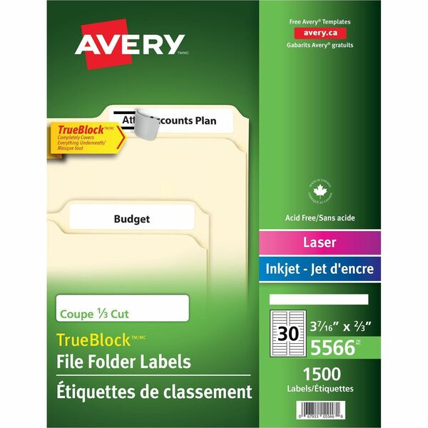 Avery&reg; Filing Labels with TrueBlock&trade; Technology for Laser and Inkjet Printers, ?" x 3-7/16" , White - 21/32" Width x 3 7/16" Length - Removable Adhesive - Rectangle - Inkjet - White - 1500 / Box - Self-adhesive