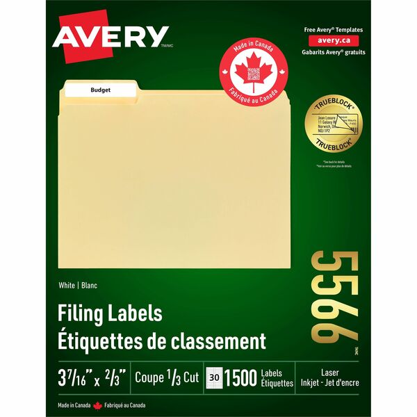 Avery&reg; Filing Labelswith TrueBlock™ Technology for Laser and Inkjet Printers, 2/3" x 3-7/16" , White - 21/32" (16.76 mm) Width x 3 7/16" (87.12 mm) Length - Removable Adhesive - Rectangle - Inkjet - White - 1500 / Box
