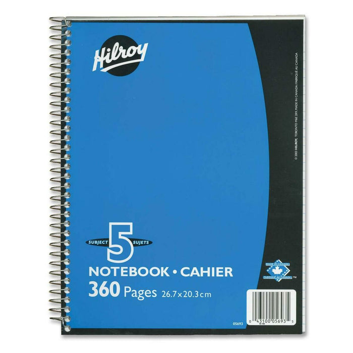 Hilroy Executive Coil Five Subject Notebook - 5 Subject(s) - 360 Pages - Wire Bound - Wide Ruled Front Ruling - 0.28" (7 mm) Ruled - 3 Hole(s) - 8" (20.32 cm) x 10 1/2" (26.67 cm) Sheet Size - White Paper - Assorted Cover - Divider - 1 Each