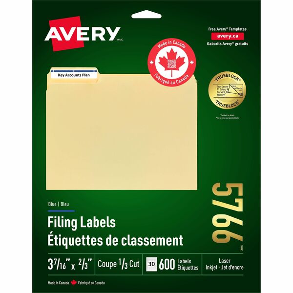 Avery&reg; Filing Labelswith TrueBlock™ Technology for Laser and Inkjet Printers, 2/3" x 3-7/16" , Blue - 2/3" (16.92 mm) Height x 3 7/16" (87.30 mm) Width - Permanent Adhesive - Rectangle - Laser, Inkjet - Blue, White - Paper - 30 / Sheet - 600 Tot
