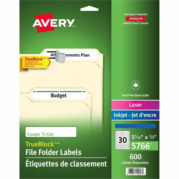 Avery&reg; Filing Labels with TrueBlock&trade; Technology for Laser and Inkjet Printers, ?" x 3-7/16" , Blue - 2/3" Height x 3 7/16" Width - Permanent Adhesive - Rectangle - Laser, Inkjet - Blue, White - Paper - 30 / Sheet - 600 Total Label(s) - 600 / Pac