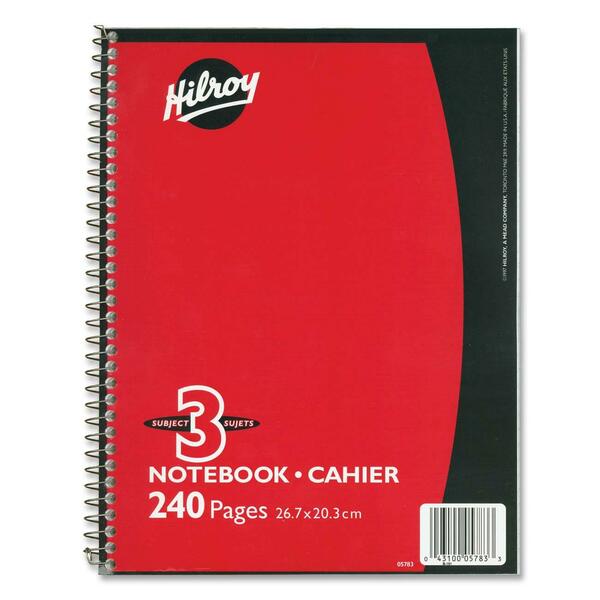 Hilroy Coil Three Subject Notebook - 240 Sheets - Wire Bound - 0.28" (7 mm) Ruled - Ruled Margin - 8" (20.32 cm) x 10 1/2" (26.67 cm) Sheet Size - Subject - 1 Each
