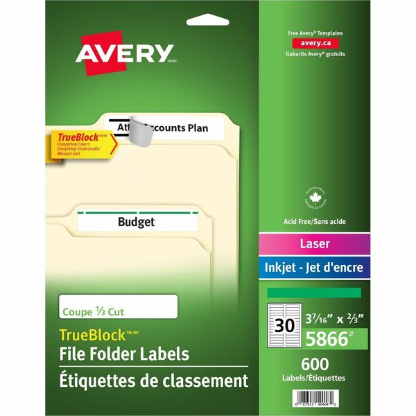 Avery&reg; Filing Labels with TrueBlock&trade; Technology for Laser and Inkjet Printers, ?" x 3-7/16" , Green - 2/3" Height x 3 7/16" Width - Permanent Adhesive - Rectangle - Laser, Inkjet - Green - Paper - 30 / Sheet - 600 Total Label(s) - 600 / Pack