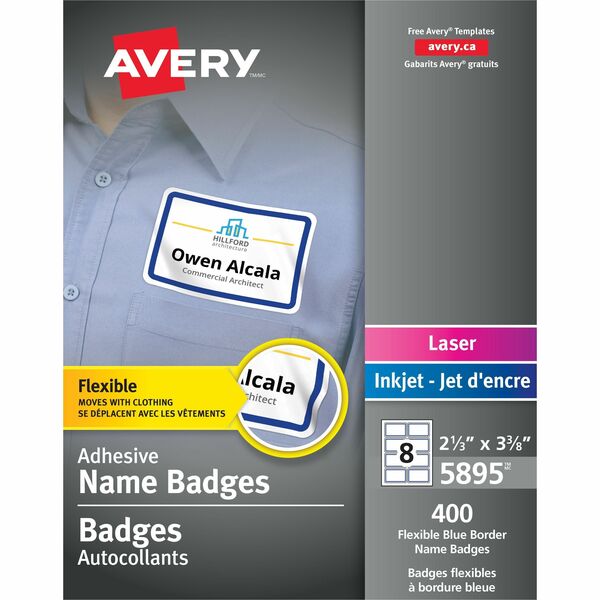 Avery&reg; Flexible Name Badgesfor Laser and Inkjet Printers, 3-3/8" x 2-1/3" , Blue Border - 2 1/3" (59.26 mm) Height x 3 3/8" (85.73 mm) Width - Removable Adhesive - Rectangle - Laser, Inkjet - Matte - White - Blue Border - Film - PVC-free, Removable, C