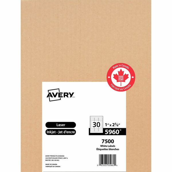 Avery&reg; White Rectangle Labels with Sure Feed™ TechnologyEasy Peel&reg; - 1" (25.40 mm) Height x 2 5/8" (66.68 mm) Width - Permanent Adhesive - Rectangle - Laser - Matte - White - Paper - 30 / Sheet - 250 Total Sheets - 7500 Total Label(s) - 7500