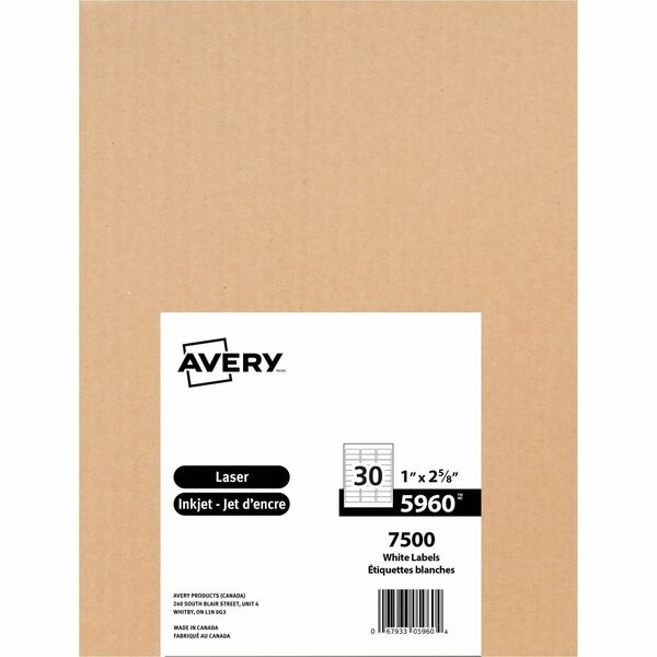 Avery&reg; White Rectangle Labels with Sure Feed&trade; Technology Easy Peel&reg;, 1" x 2?" , for Laser and Inkjet Printers - 1" Height x 2 5/8" Width - Permanent Adhesive - Rectangle - Laser - White - Paper - 30 / Sheet - 250 Total Sheets - 7500 Total La