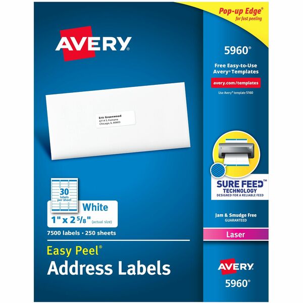 Avery&reg; White Rectangle Labels with Sure Feed&trade; TechnologyEasy Peel&reg;, 1" x 2-5/8" , for Laser and Inkjet Printers - 1" (25.40 mm) Height x 2 5/8" (66.68 mm) Width - Permanent Adhesive - Rectangle - Laser - Matte - White - Paper - Permanent Adh