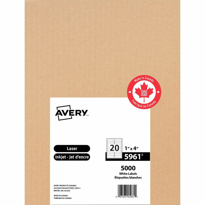White Rectangle Labels with Sure Feed™Technology Easy Peel&reg;, 1" x 4" , Permanent Adhesive, for Laser and Inkjet Printers - 1" (25.40 mm) Height x 4" (101.60 mm) Width - Permanent Adhesive - Rectangle - Laser, Inkjet - Matte White - Paper - 20 /
