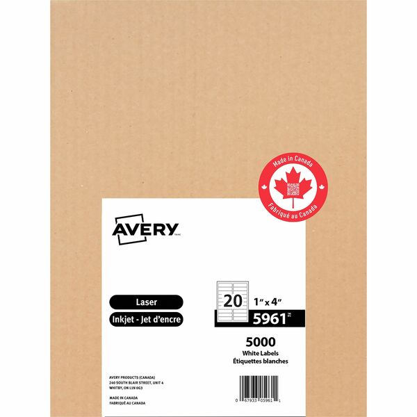 Avery&reg; White Rectangle Labels with Sure Feed™ TechnologyEasy Peel&reg; - 1" (25.40 mm) Height x 4" (101.60 mm) Width - Permanent Adhesive - Rectangle - Laser - Matte - White - Paper - 20 / Sheet - 250 Total Sheets - 5000 Total Label(s) - 5000 /