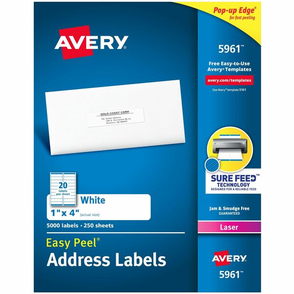 Avery&reg; White Rectangle Labels with Sure Feed&trade; TechnologyEasy Peel&reg;, 1" x 4" , for Laser and Inkjet Printers - 1" (25.40 mm) Height x 4" (101.60 mm) Width - Permanent Adhesive - Rectangle - Laser - Matte - White - Paper - 20 / Sheet - 250 Tot