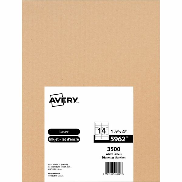 Avery&reg; White Rectangle Labels with Sure Feed&trade; Technology Easy Peel&reg;, 1?" x 4" , Permanent Adhesive, for Laser and Inkjet Printers - 1 21/64" Height x 4" Width - Permanent Adhesive - Rectangle - Laser - White - Paper - 14 / Sheet - 250 Total