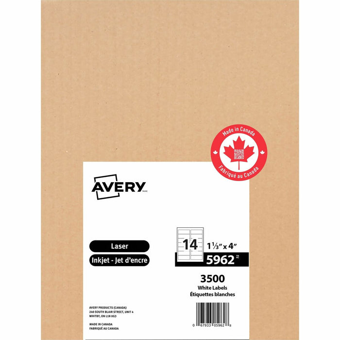 White Rectangle Labels with Sure Feed™Technology Easy Peel&reg;, 1-1/3" x 4" , Permanent Adhesive, for Laser and Inkjet Printers - 1 21/64" (33.78 mm) Height x 4" (101.60 mm) Width - Permanent Adhesive - Rectangle - Laser, Inkjet - Matte White - Pap