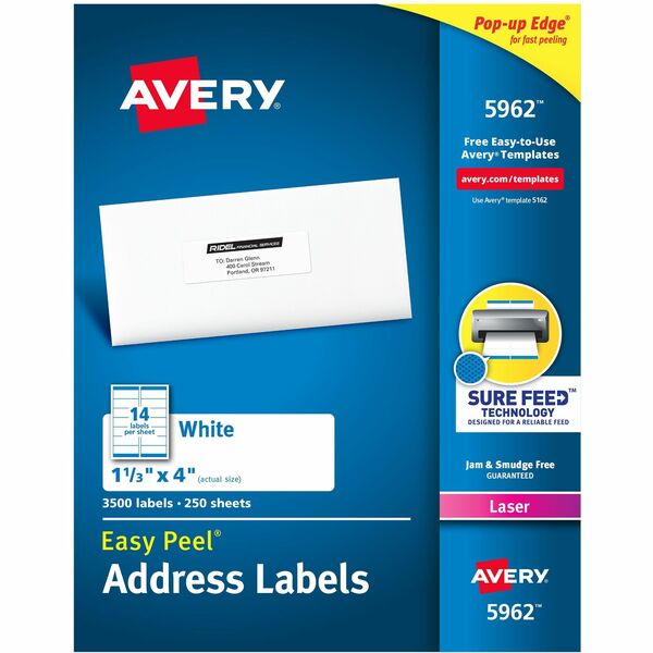 Avery&reg; White Rectangle Labels with Sure Feed&trade; TechnologyEasy Peel&reg;, 1-1/3" x 4" , Permanent Adhesive, for Laser and Inkjet Printers - 1 21/64" (33.78 mm) Height x 4" (101.60 mm) Width - Permanent Adhesive - Rectangle - Laser - Matte - White