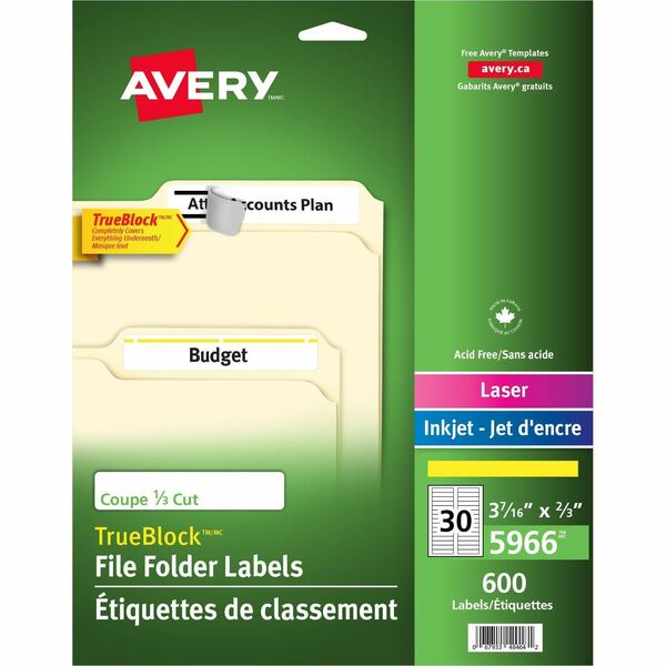 Avery&reg; Filing Labels with TrueBlock&trade; Technology for Laser and Inkjet Printers, ?" x 3-7/16" , Yellow - 2/3" Height x 3 7/16" Width - Permanent Adhesive - Rectangle - Laser, Inkjet - Yellow, White - Paper - 30 / Sheet - 600 Total Label(s) - 600 /