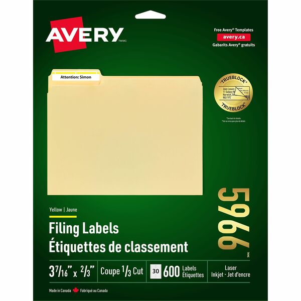 Avery&reg; Filing Labelswith TrueBlock™ Technology for Laser and Inkjet Printers, 2/3" x 3-7/16" , Yellow - 2/3" (16.92 mm) Height x 3 7/16" (87.30 mm) Width - Permanent Adhesive - Rectangle - Laser, Inkjet - Yellow, White - Paper - 30 / Sheet - 600