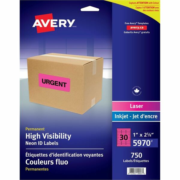 Avery&reg; High Visibility Neon ID Labels for Laser and Inkjet Printers, 1" x 2?" , Neon Pink - 1" Height x 2 5/8" Width - Permanent Adhesive - Rectangle - Laser - Neon Pink - Paper - 30 / Sheet - 25 Total Sheets - 750 Total Label(s) - 750 / Pack