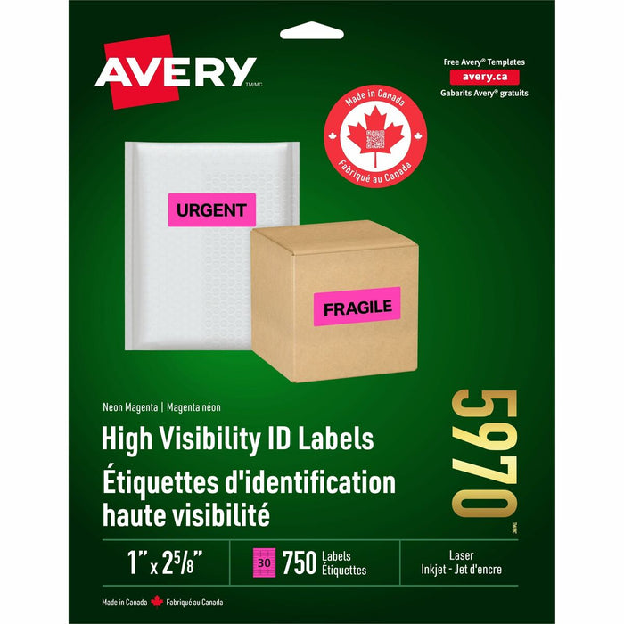 High Visibility Neon ID Labels for Laser and Inkjet Printers, 1" x 2-5/8" - Permanent Adhesive - Laser - Neon Pink - Paper - 30 / Sheet - 750 / Pack
