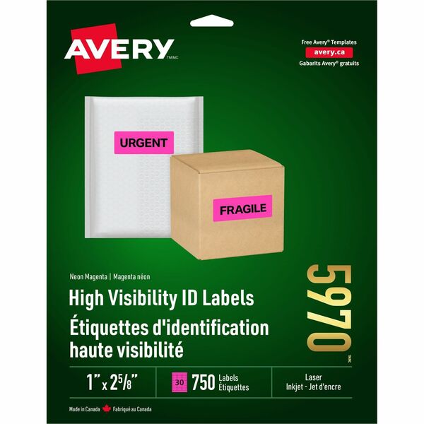 Avery&reg; High Visibility Neon ID Labelsfor Laser and Inkjet Printers, 1" x 2-5/8" , Neon Pink - 1" (25.40 mm) Height x 2 5/8" (66.68 mm) Width - Permanent Adhesive - Rectangle - Laser - Neon Pink - Paper - 30 / Sheet - 25 Total Sheets - 750 Total Label(