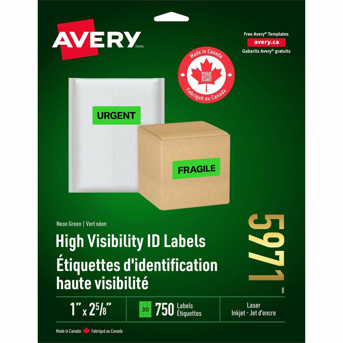 High Visibility Labels for Laser and Inkjet Printers, 1" x 2-5/8" - Permanent Adhesive - Laser - Neon Green - Paper - 30 / Sheet - 750 / Pack