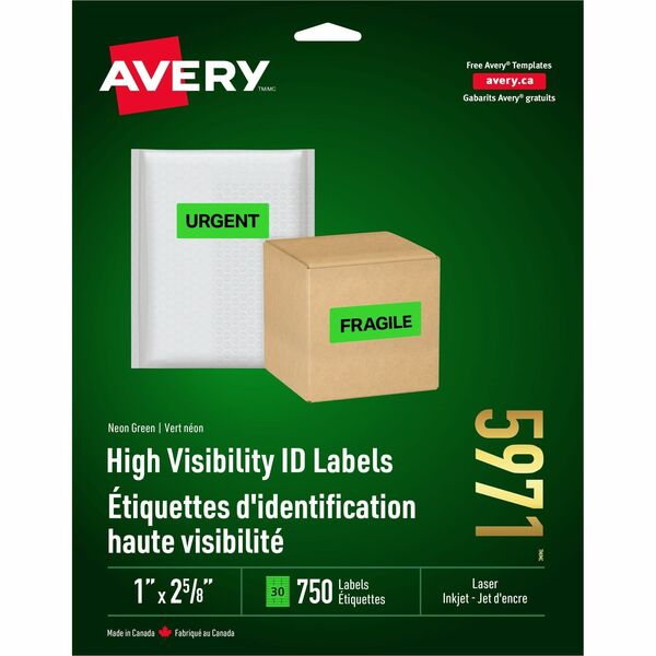 Avery&reg; High Visibility Neon ID Labelsfor Laser and Inkjet Printers, 1" x 2-5/8" , Neon Green - 1" (25.40 mm) Height x 2 5/8" (66.68 mm) Width - Permanent Adhesive - Rectangle - Laser - Neon Green - Paper - 30 / Sheet - 25 Total Sheets - 750 Total Labe