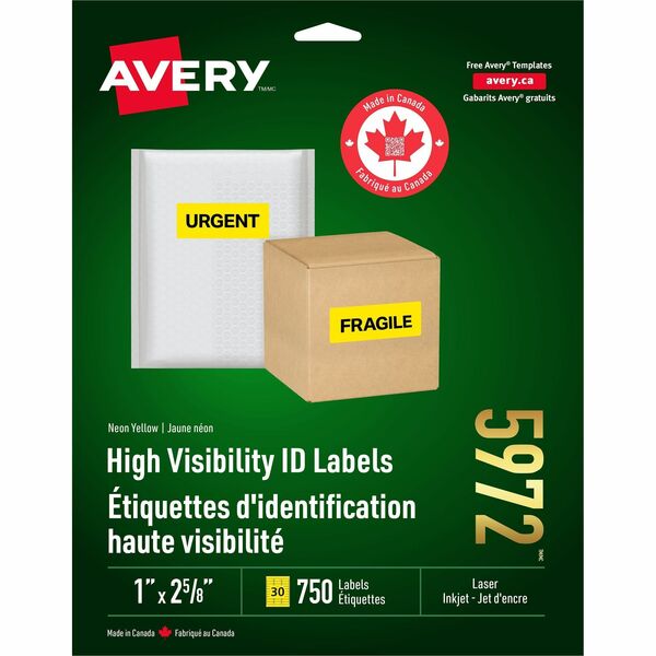 Avery&reg; High Visibility Neon ID Labelsfor Laser and Inkjet Printers, 1" x 2-5/8" , Neon Yellow - 1" (25.40 mm) Height x 2 5/8" (66.68 mm) Width - Permanent Adhesive - Rectangle - Laser - Neon Yellow - Paper - 30 / Sheet - 25 Total Sheets - 750 Total La