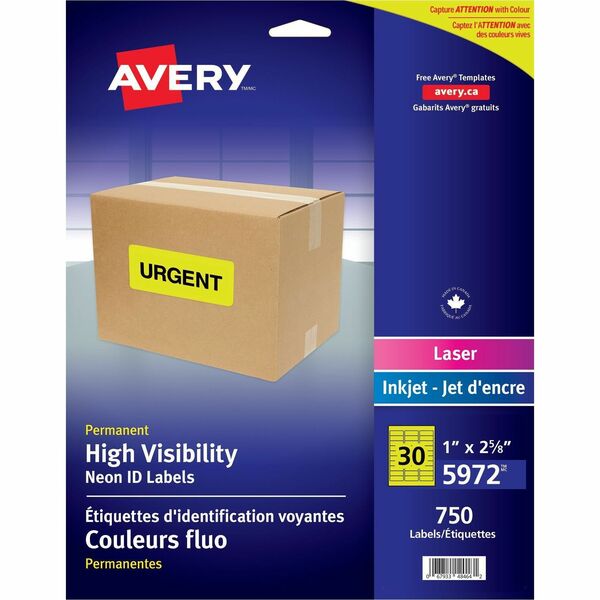 Avery&reg; High Visibility Neon ID Labels for Laser and Inkjet Printers, 1" x 2?" , Neon Yellow - 1" Height x 2 5/8" Width - Permanent Adhesive - Rectangle - Laser - Neon Yellow - Paper - 30 / Sheet - 25 Total Sheets - 750 Total Label(s) - 750 / Pack