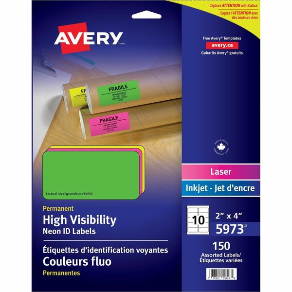 Avery&reg; High Visibility Neon ID Labels for Laser and Inkjet Printers, 2" x 4" , Assorted Colours - 2" Width x 4" Length - Rectangle - Laser - Assorted - 150 / Pack