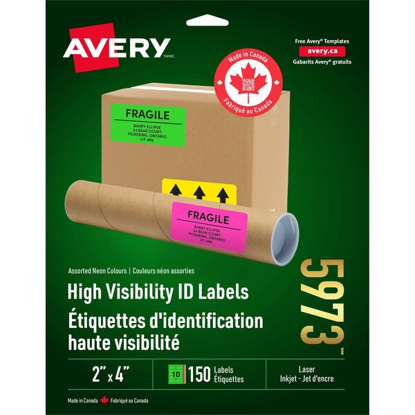Avery&reg; High Visibility Neon ID Labelsfor Laser and Inkjet Printers, 2" x 4" , Assorted Colours - 2" (50.80 mm) Width x 4" (101.60 mm) Length - Rectangle - Laser - Assorted - 150 / Pack