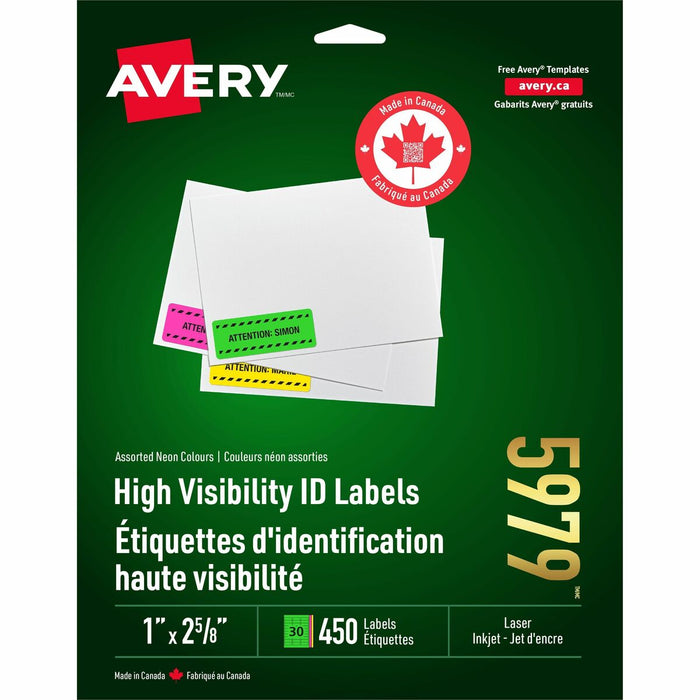 High Visibility Neon ID Labels for Laser and Inkjet Printers, 1" x 2-5/8" - Permanent Adhesive - Laser - Assorted - 30 / Sheet - 450 / Pack