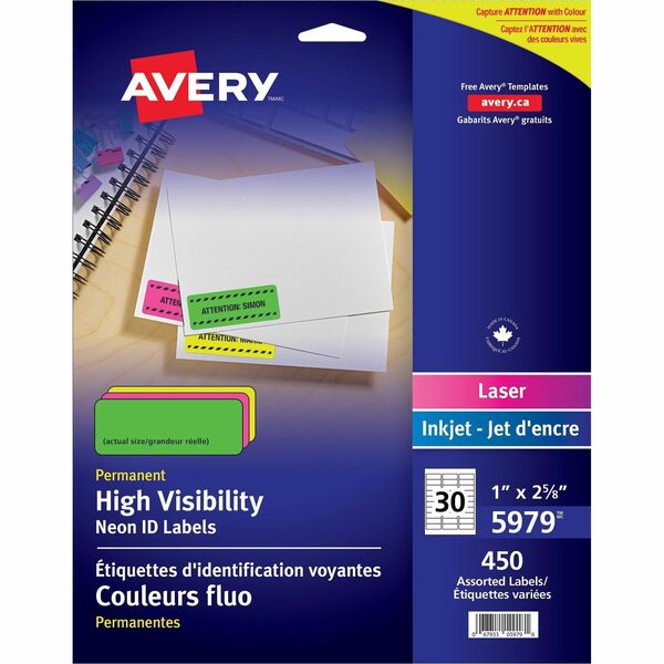 Avery&reg; High Visibility Neon ID Labels for Laser and Inkjet Printers, 1" x 2?" , Assorted Colours - 1" Height x 2 5/8" Width - Permanent Adhesive - Rectangle - Laser - Neon Magenta, Neon Green, Neon Yellow - Paper - 30 / Sheet - 15 Total Sheets - 450 T