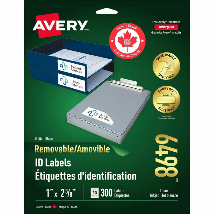 Removable ID Labels for Laser and Inkjet Printers, 2-5/8" x 1" - Removable Adhesive - Laser, Inkjet - Matte White - Paper - 30 / Sheet - 300 / Pack