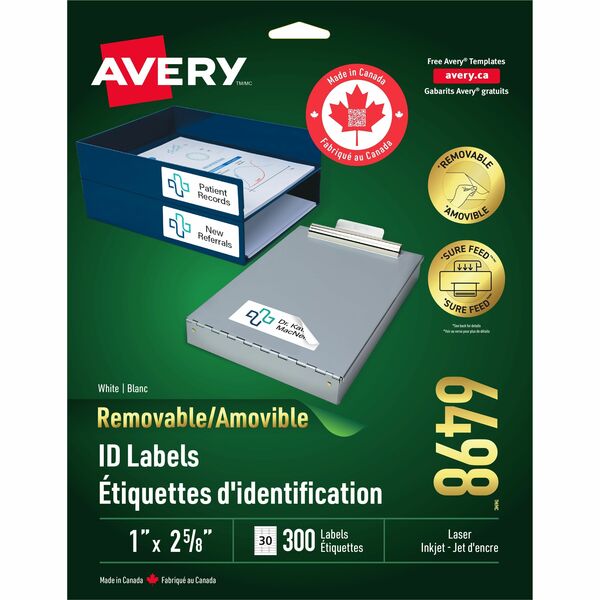 Avery&reg; Removable ID Labelsfor Laser and Inkjet Printers, 2-5/8" x 1" - 1" (25.40 mm) Width x 2 5/8" (66.68 mm) Length - Removable Adhesive - Rectangle - Laser - White - 300 / Pack