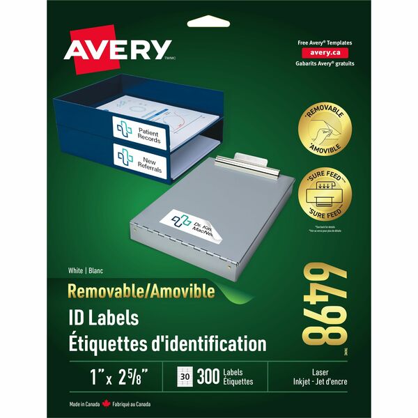 Avery&reg; Removable ID Labels for Laser and Inkjet Printers, 2?" x 1" - 1" Width x 2 5/8" Length - Removable Adhesive - Rectangle - Laser - White - 300 / Pack